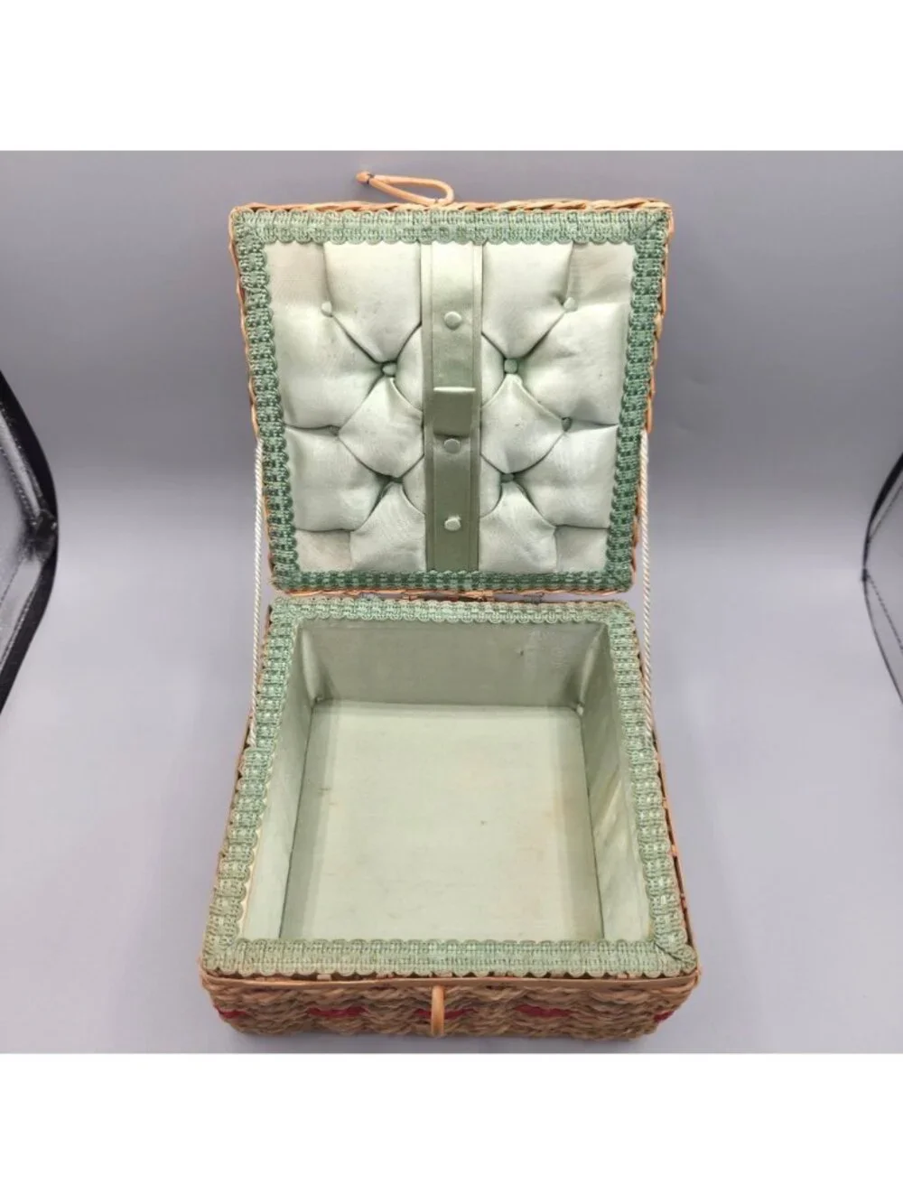 Vintage Woven Sewing Basket Hinged Lid Mid Century Green Satin Lining Cottage